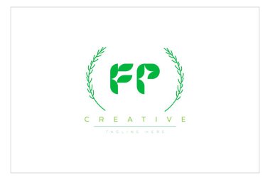 FP Green Minimalist Logo Tasarımı Doğal Yapraklar ve Metin Elementleri. Taze doğa ve sağlıklı yaprak logosu tasarımı.