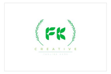 FK Yeşil Minimalist Logo Tasarımı Doğal Yapraklar ve Metin Elementleri. Taze doğa ve sağlıklı yaprak logosu tasarımı.