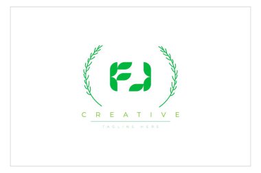 FJ Green Minimalist Logo Tasarımı Doğal Yapraklar ve Metin Elementleri. Taze doğa ve sağlıklı yaprak logosu tasarımı.
