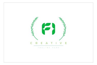 FI Green Minimalist Logo Tasarımı Doğal Yapraklar ve Metin Elementleri. Taze doğa ve sağlıklı yaprak logosu tasarımı.