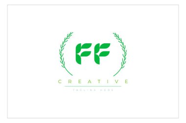 FF Yeşil Minimalist Logo Tasarımı Doğal Yapraklar ve Metin Elementleri. Taze doğa ve sağlıklı yaprak logosu tasarımı.