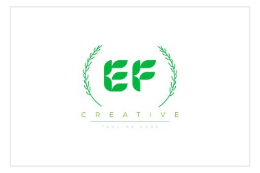 Doğal Yapraklar ve Metin Elementleri içeren EF Yeşil Minimalist Logo Tasarımı. Taze doğa ve sağlıklı yaprak logosu tasarımı.