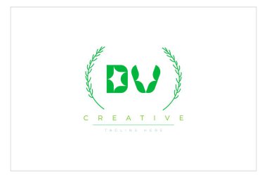 DV Green Minimalist Logo Tasarımı Doğal Yapraklar ve Metin Elementleri. Taze doğa ve sağlıklı yaprak logosu tasarımı.