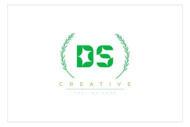 DS Green Minimalist Logo Tasarımı Doğal Yapraklar ve Metin Elementleri. Taze doğa ve sağlıklı yaprak logosu tasarımı.