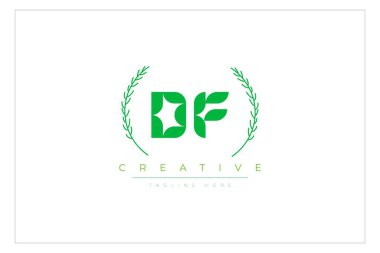 DF Yeşil Minimalist Logo Tasarımı Doğal Yapraklar ve Metin Elementleri. Taze doğa ve sağlıklı yaprak logosu tasarımı.