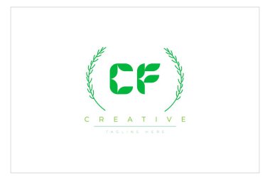 Doğal Yapraklar ve Metin Elementleri içeren CF Yeşil Minimalist Logo Tasarımı. Taze doğa ve sağlıklı yaprak logosu tasarımı.