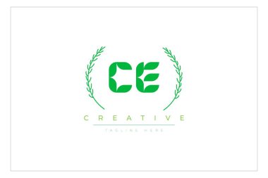 CE Yeşil Minimalist Logo Tasarımı Doğal Yapraklar ve Metin Elementleri. Taze doğa ve sağlıklı yaprak logosu tasarımı.