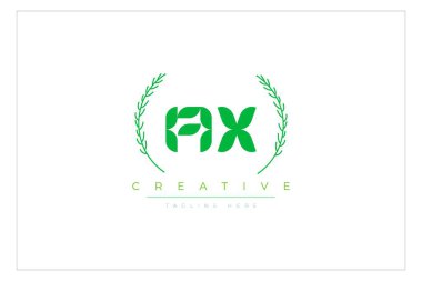 AX Yeşil Minimalist Logo Tasarımı Doğal Yapraklar ve Metin Elementleri. Taze doğa ve sağlıklı yaprak logosu tasarımı.