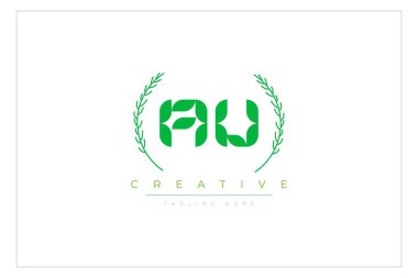Doğal Yapraklar ve Metin Elementleri içeren AU Yeşil Minimalist Logo Tasarımı. Taze doğa ve sağlıklı yaprak logosu tasarımı.