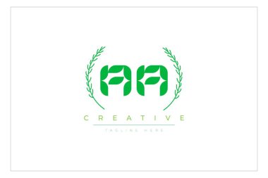 Doğal Yapraklar ve Metin Elementleri içeren AA Yeşil Minimalist Logo Tasarımı. Taze doğa ve sağlıklı yaprak logosu tasarımı.