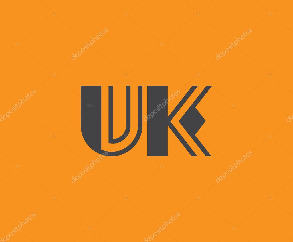 Bold black lettering 'UK' with geometric elements on a vivid orange background, ideal for branding, design, or modern creative projects.