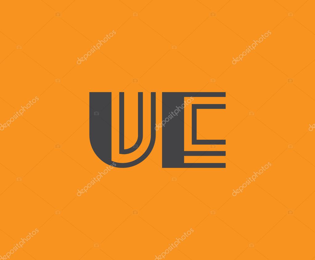 Bold black lettering 'UE' with geometric elements on a vivid orange background, ideal for branding, design, or modern creative projects.
