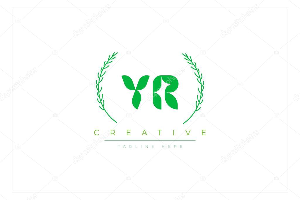 YR Green Minimalist Logo Design Featuring Natural Leaves and Text Elements. Fresh nature and healthy leaf logo design.