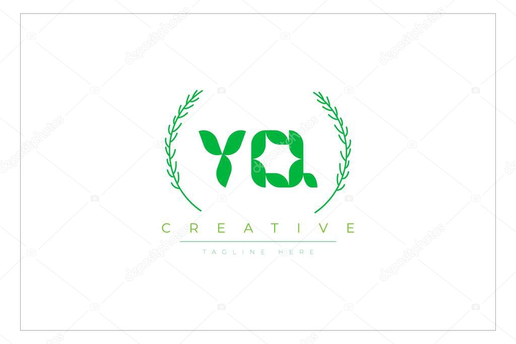 YQ Green Minimalist Logo Design Featuring Natural Leaves and Text Elements. Fresh nature and healthy leaf logo design.