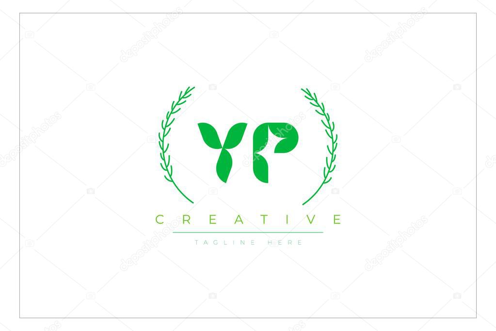 YP Green Minimalist Logo Design Featuring Natural Leaves and Text Elements. Fresh nature and healthy leaf logo design.