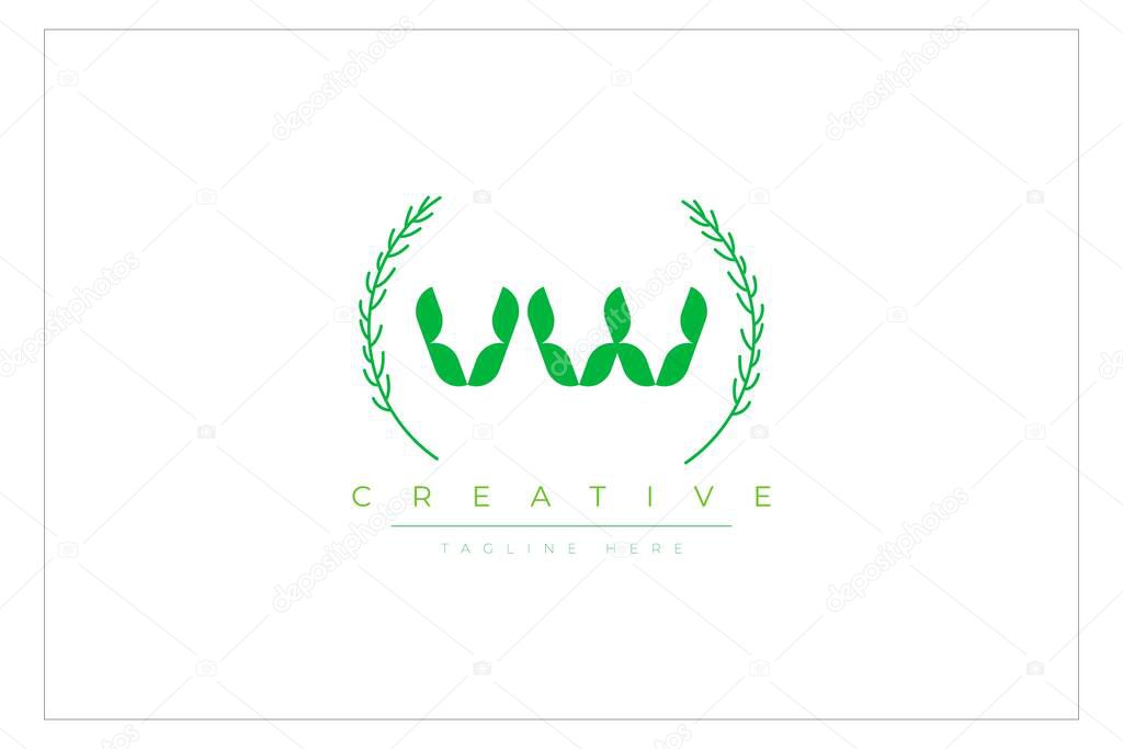 VW Green Minimalist Logo Design Featuring Natural Leaves and Text Elements. Fresh nature and healthy leaf logo design.