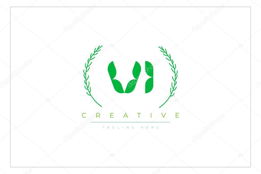 VI Green Minimalist Logo Design Featuring Natural Leaves and Text Elements. Fresh nature and healthy leaf logo design.