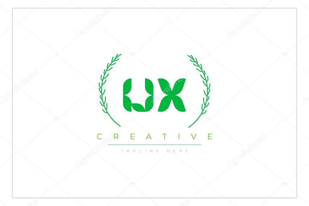 UX Green Minimalist Logo Design Featuring Natural Leaves and Text Elements. Fresh nature and healthy leaf logo design.