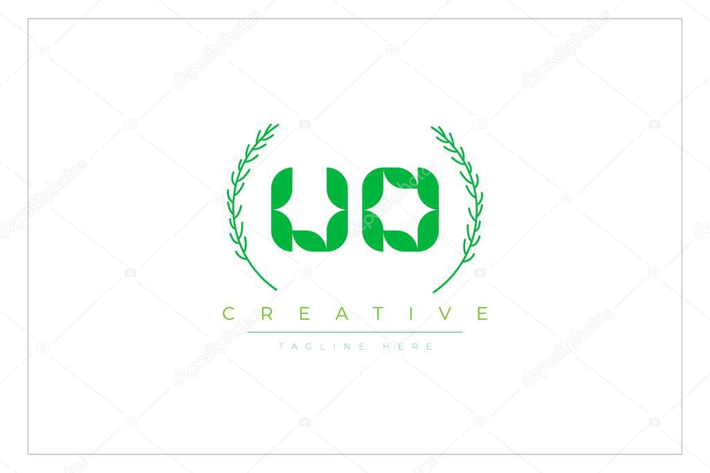 UO Green Minimalist Logo Design Featuring Natural Leaves and Text Elements. Fresh nature and healthy leaf logo design.