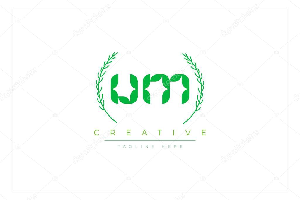 UM Green Minimalist Logo Design Featuring Natural Leaves and Text Elements. Fresh nature and healthy leaf logo design.