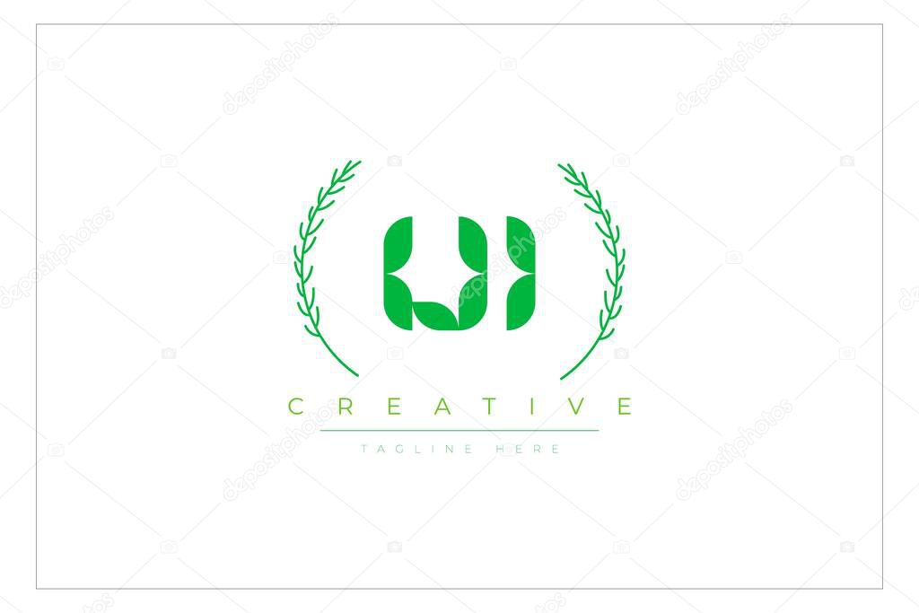 UI Green Minimalist Logo Design Featuring Natural Leaves and Text Elements. Fresh nature and healthy leaf logo design.