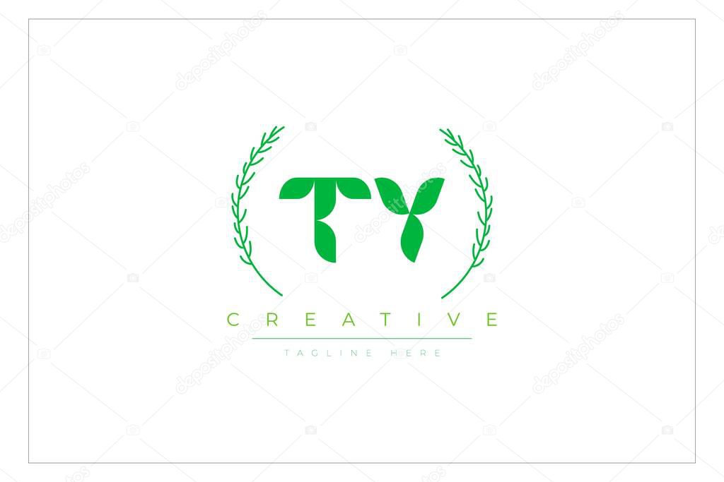 TY Green Minimalist Logo Design Featuring Natural Leaves and Text Elements. Fresh nature and healthy leaf logo design.