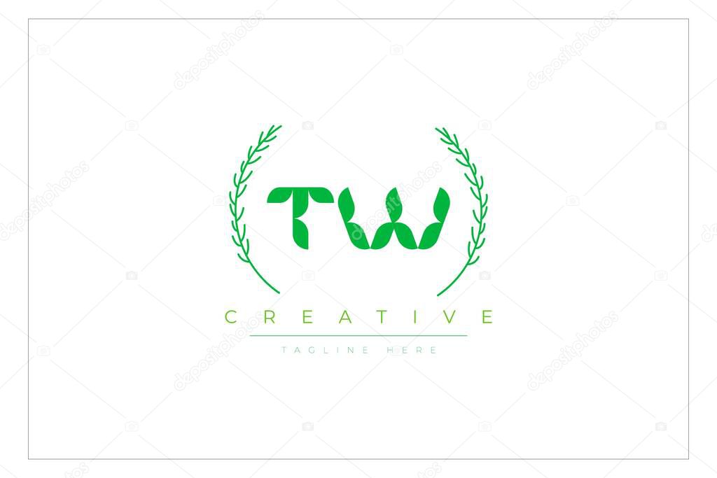TW Green Minimalist Logo Design Featuring Natural Leaves and Text Elements. Fresh nature and healthy leaf logo design.