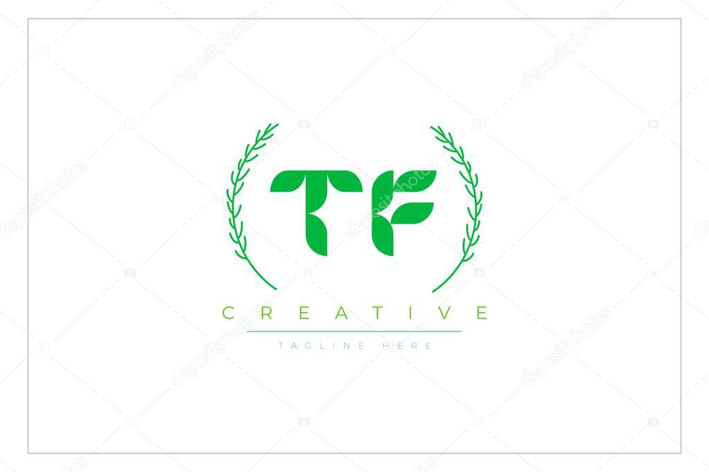 TF Green Minimalist Logo Design Featuring Natural Leaves and Text Elements. Fresh nature and healthy leaf logo design.