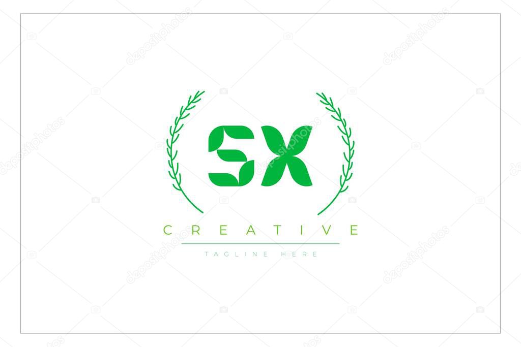 SX Green Minimalist Logo Design Featuring Natural Leaves and Text Elements. Fresh nature and healthy leaf logo design.