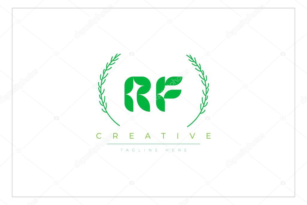 RF Green Minimalist Logo Design Featuring Natural Leaves and Text Elements. Fresh nature and healthy leaf logo design.