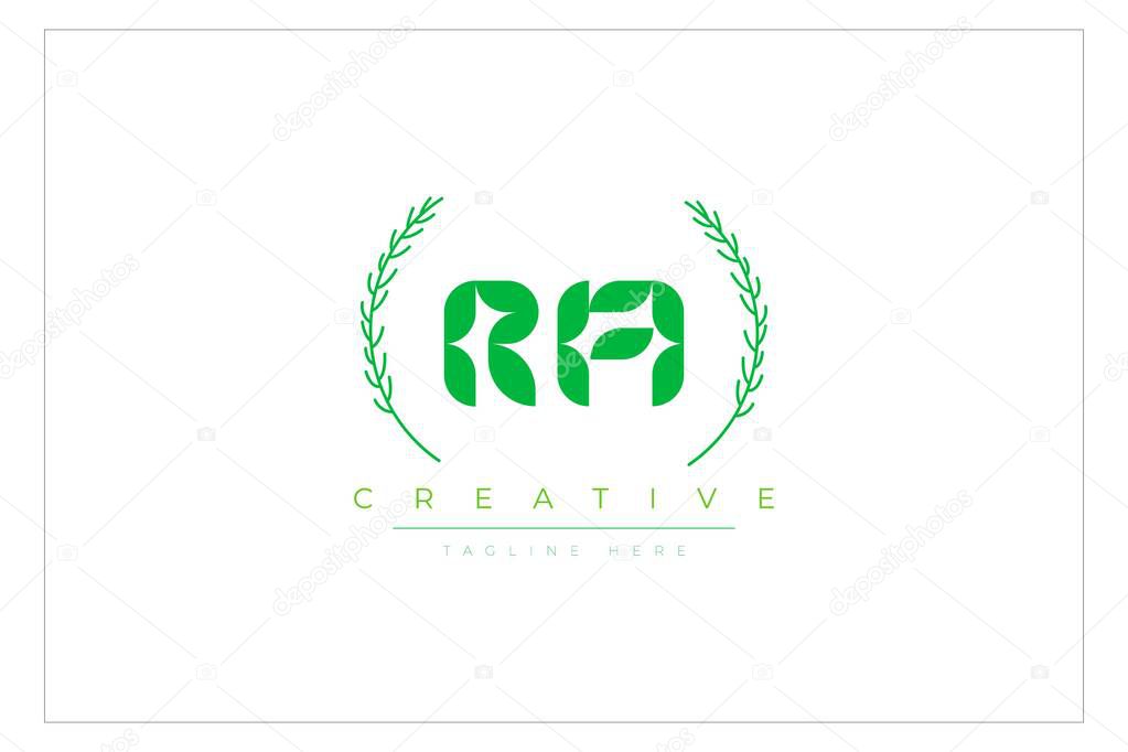 RA Green Minimalist Logo Design Featuring Natural Leaves and Text Elements. Fresh nature and healthy leaf logo design.