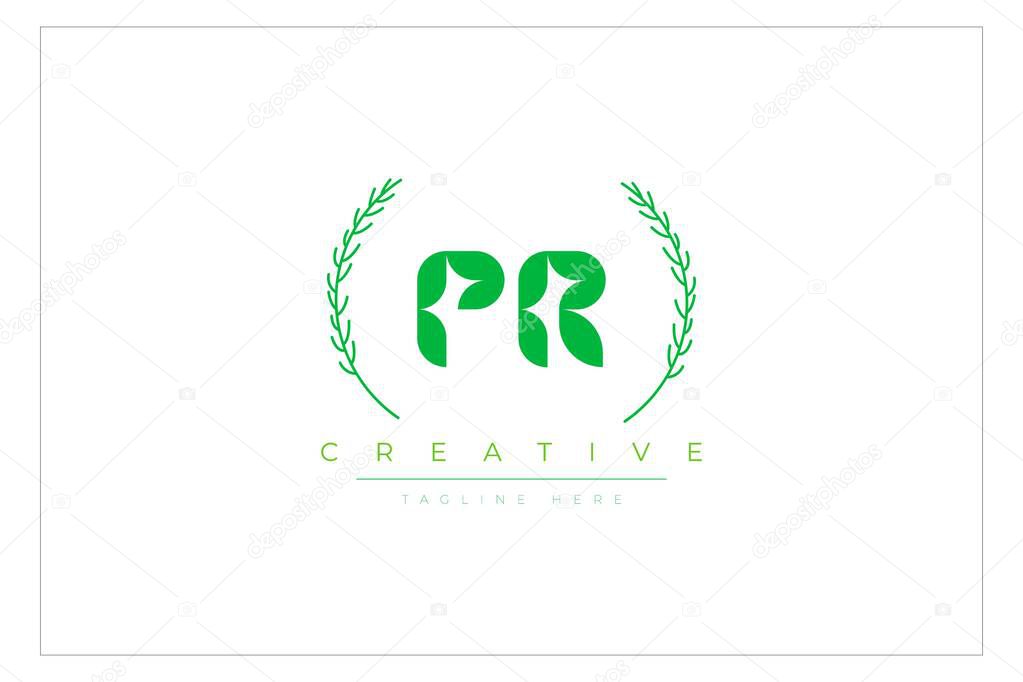 PR Green Minimalist Logo Design Featuring Natural Leaves and Text Elements. Fresh nature and healthy leaf logo design.