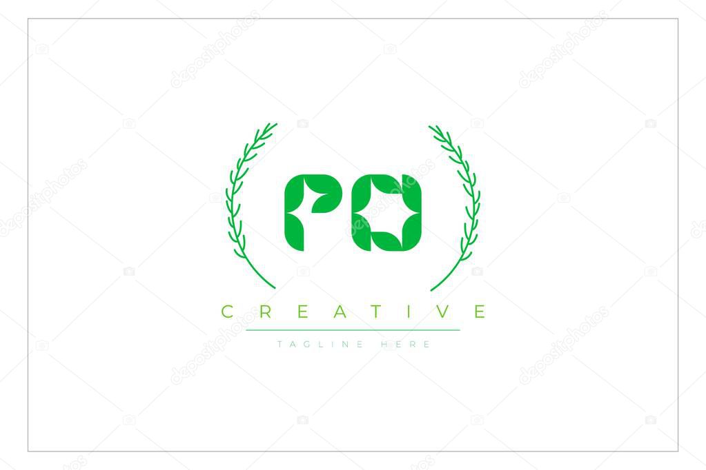 PO Green Minimalist Logo Design Featuring Natural Leaves and Text Elements. Fresh nature and healthy leaf logo design.