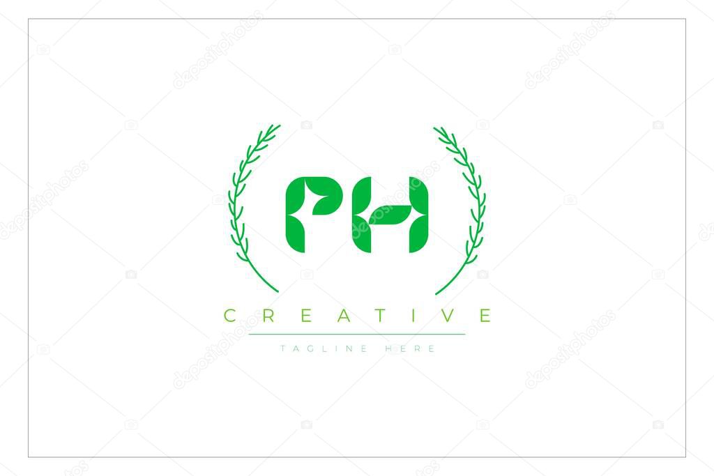 PH Green Minimalist Logo Design Featuring Natural Leaves and Text Elements. Fresh nature and healthy leaf logo design.