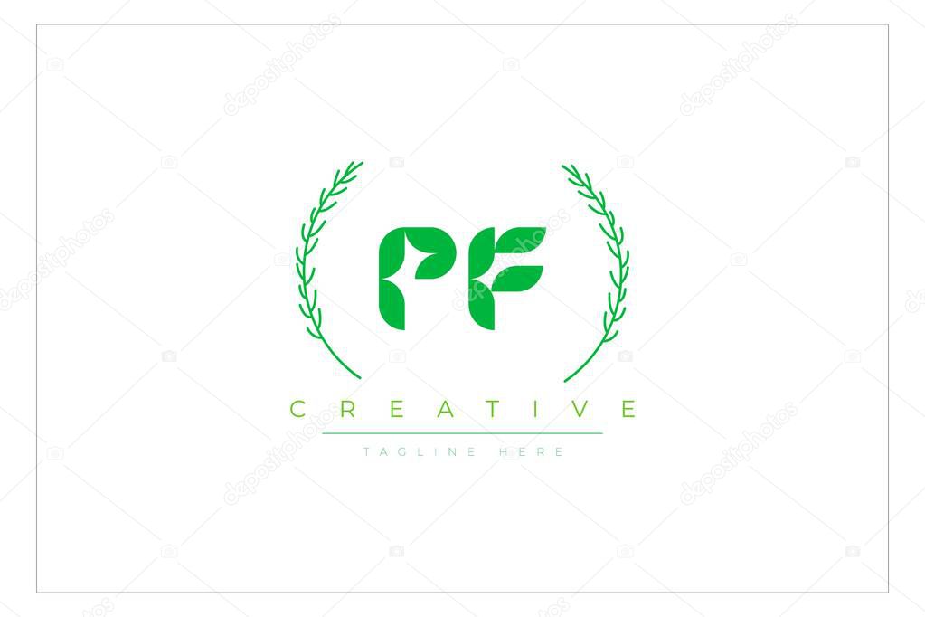 PF Green Minimalist Logo Design Featuring Natural Leaves and Text Elements. Fresh nature and healthy leaf logo design.