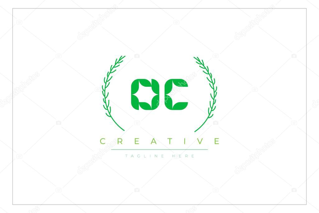 OC Green Minimalist Logo Design Featuring Natural Leaves and Text Elements. Fresh nature and healthy leaf logo design.