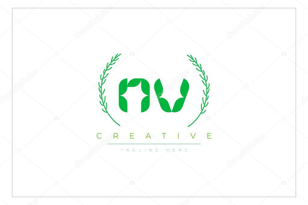 NV Green Minimalist Logo Design Featuring Natural Leaves and Text Elements. Fresh nature and healthy leaf logo design.