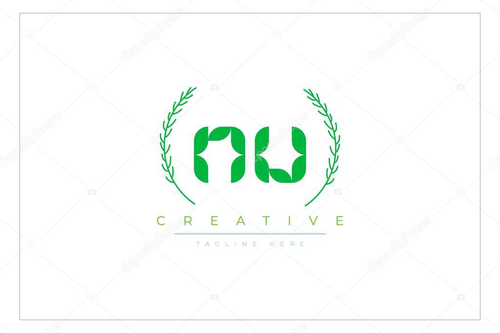 NU Green Minimalist Logo Design Featuring Natural Leaves and Text Elements. Fresh nature and healthy leaf logo design.