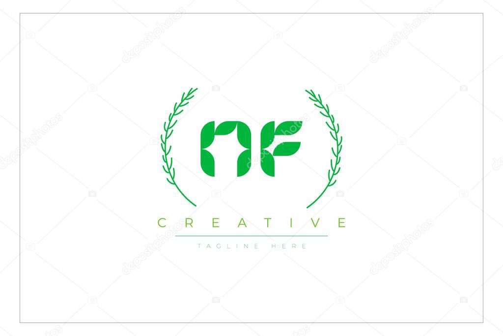 NF Green Minimalist Logo Design Featuring Natural Leaves and Text Elements. Fresh nature and healthy leaf logo design.
