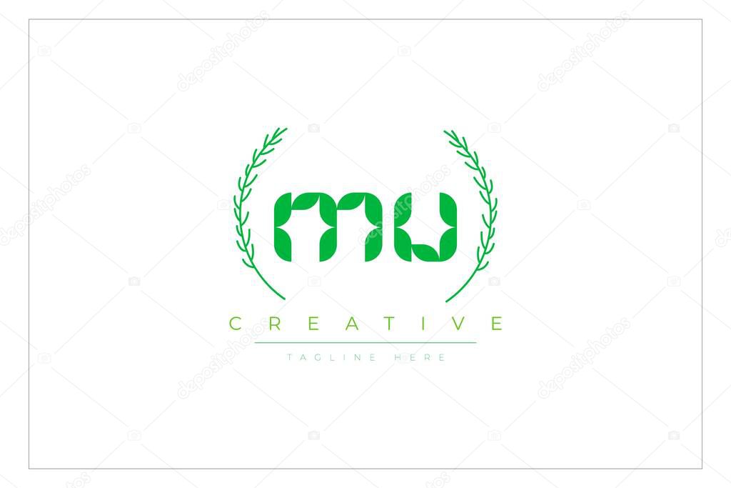 MU Green Minimalist Logo Design Featuring Natural Leaves and Text Elements. Fresh nature and healthy leaf logo design.