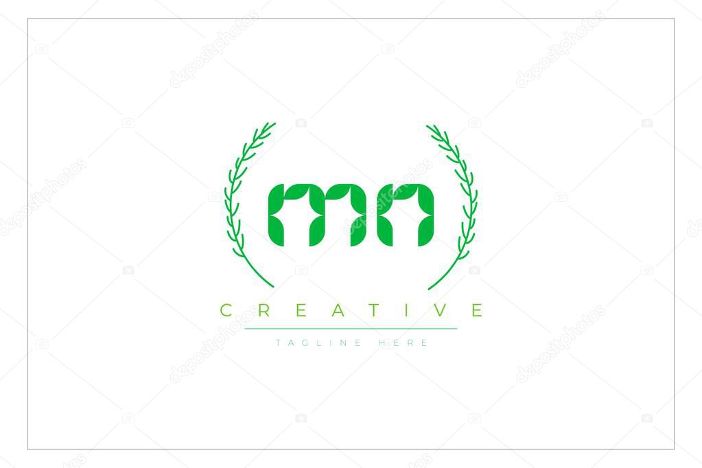 MN Green Minimalist Logo Design Featuring Natural Leaves and Text Elements. Fresh nature and healthy leaf logo design.