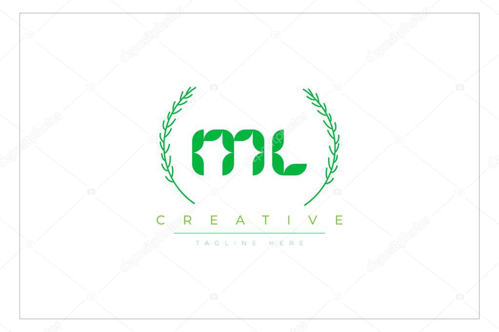 ML Green Minimalist Logo Design Featuring Natural Leaves and Text Elements. Fresh nature and healthy leaf logo design.