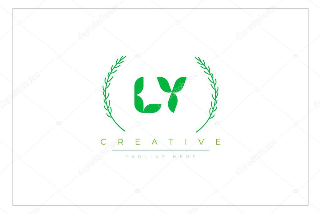 LY Green Minimalist Logo Design Featuring Natural Leaves and Text Elements. Fresh nature and healthy leaf logo design.