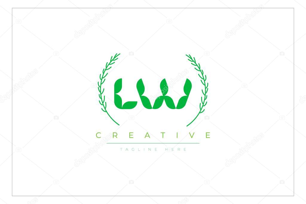 LW Green Minimalist Logo Design Featuring Natural Leaves and Text Elements. Fresh nature and healthy leaf logo design.
