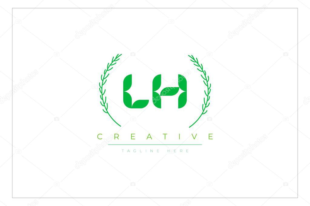 LH Green Minimalist Logo Design Featuring Natural Leaves and Text Elements. Fresh nature and healthy leaf logo design.