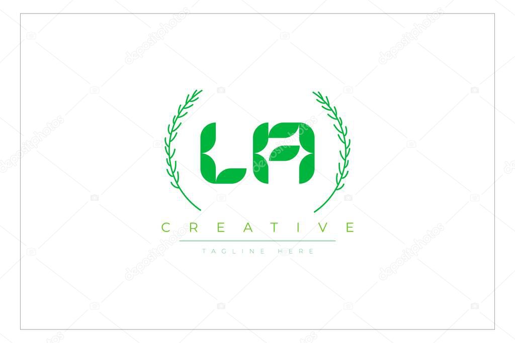 LA Green Minimalist Logo Design Featuring Natural Leaves and Text Elements. Fresh nature and healthy leaf logo design.