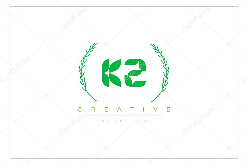 KZ Green Minimalist Logo Design Featuring Natural Leaves and Text Elements. Fresh nature and healthy leaf logo design.