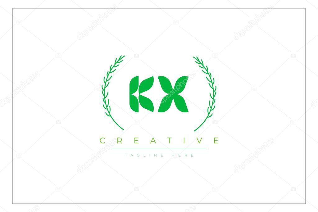 KX Green Minimalist Logo Design Featuring Natural Leaves and Text Elements. Fresh nature and healthy leaf logo design.