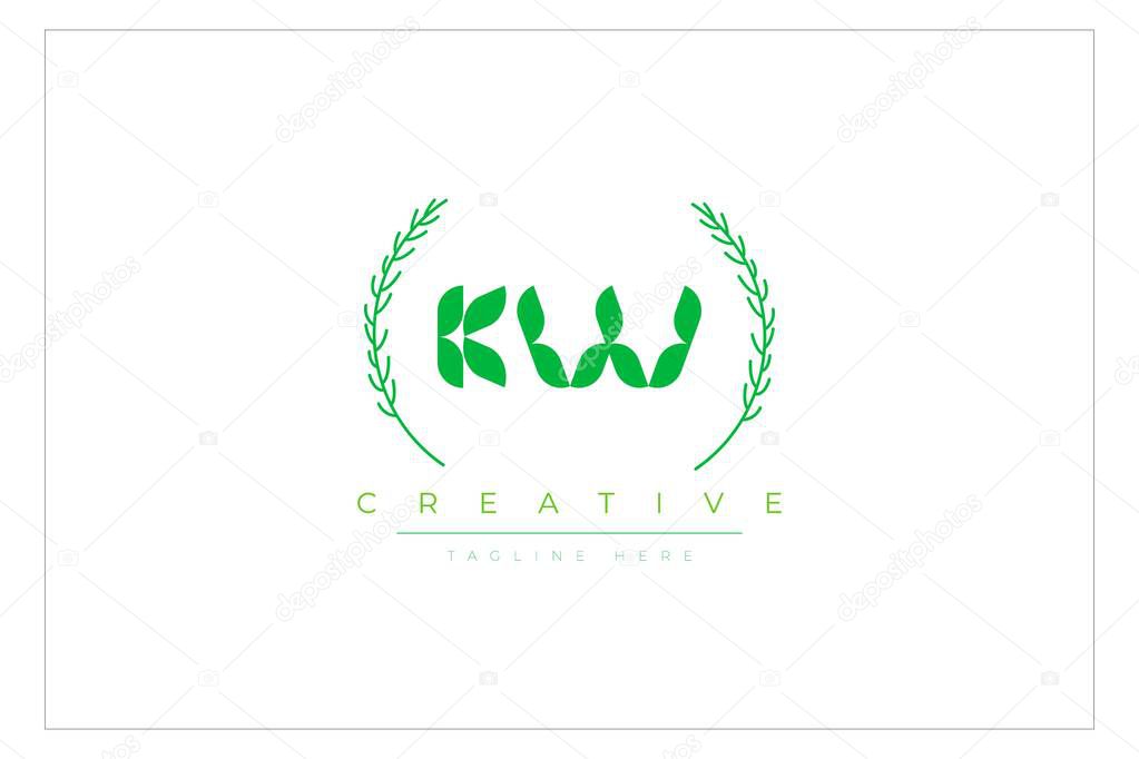 KW Green Minimalist Logo Design Featuring Natural Leaves and Text Elements. Fresh nature and healthy leaf logo design.