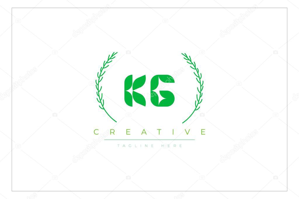 KG Green Minimalist Logo Design Featuring Natural Leaves and Text Elements. Fresh nature and healthy leaf logo design.